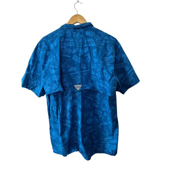 Columbia PFG Trollers Blue Fish Print Hawaiian Fishing Button-Up Shirt L New - Picture 6 of 9